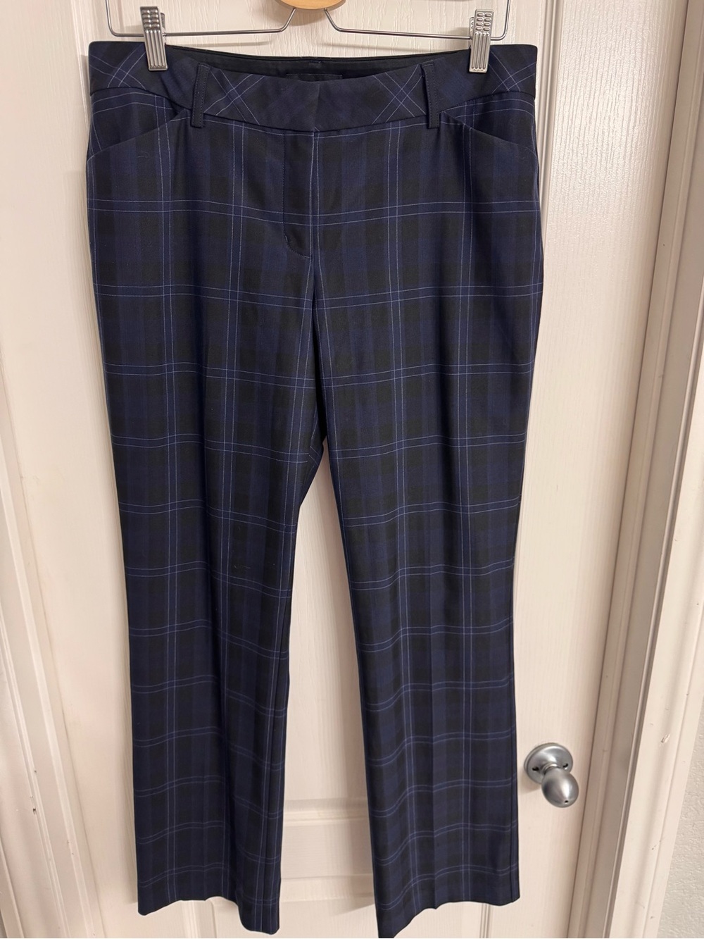 Express Editor Barely Boot Low Rise Pants, size 12 Regular, Blue and Black Plaid - Picture 2 of 11